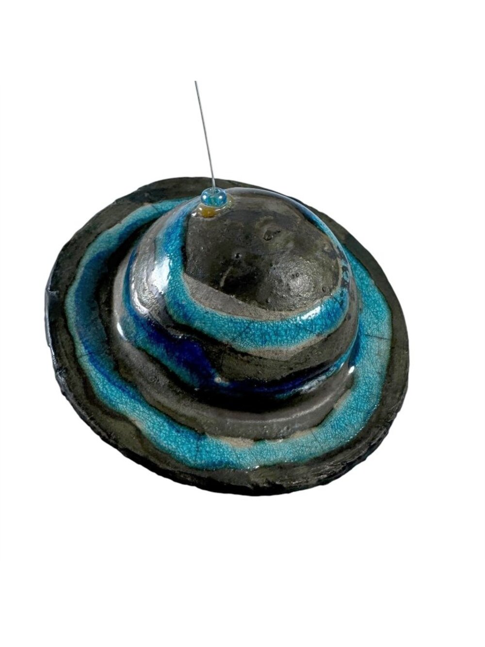 Saturn Ornament Raku Ceramic Pottery Blue Rings with Metallic Finish Vintage